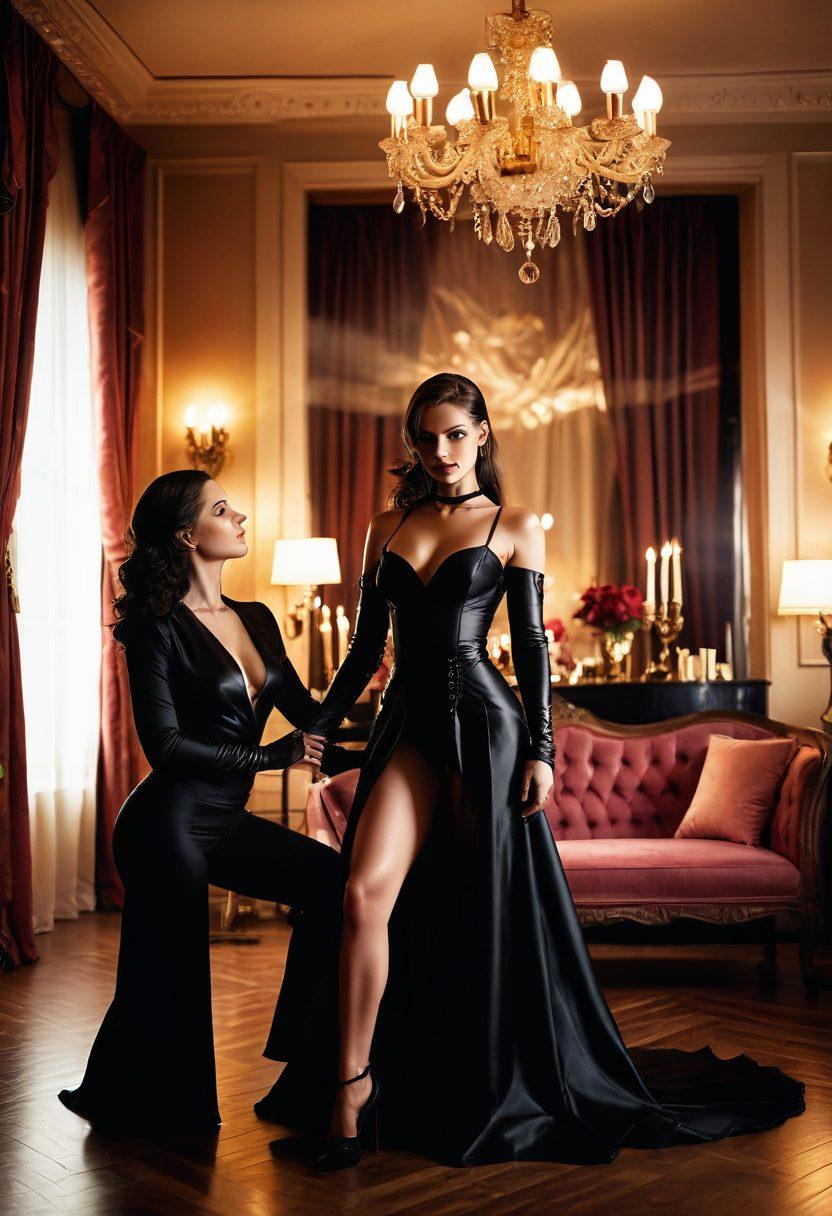 A captivating scene featuring a confident woman in elegant dominatrix attire, playfully directing her partner in a tastefully arranged room adorned with soft lighting and sensual decor. The atmosphere exudes intimacy and trust, with hints of luxury such as silken fabrics and candles. Subtle elements like a whip and collar add a touch of artistry to the setting. The overall mood should be one of empowerment and shared pleasure. super-realistic. sensual color palette. soft focus.