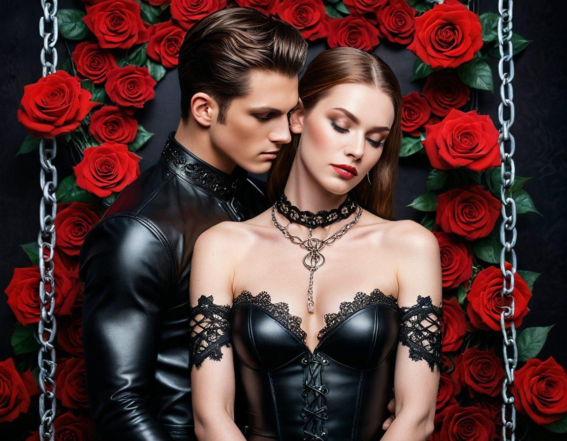 A powerful scene illustrating the duality of submission and empowerment within the BDSM community. On one side, a confident figure dressed in elegant leather, exuding strength and control, while on the other, a submissive partner adorned in delicate lace, embodying trust and surrender. The background is filled with symbolic elements such as chains and roses, creating a balance of intensity and beauty. The overall mood is both inviting and empowering. super-realistic. vibrant colors. dramatic lighting.